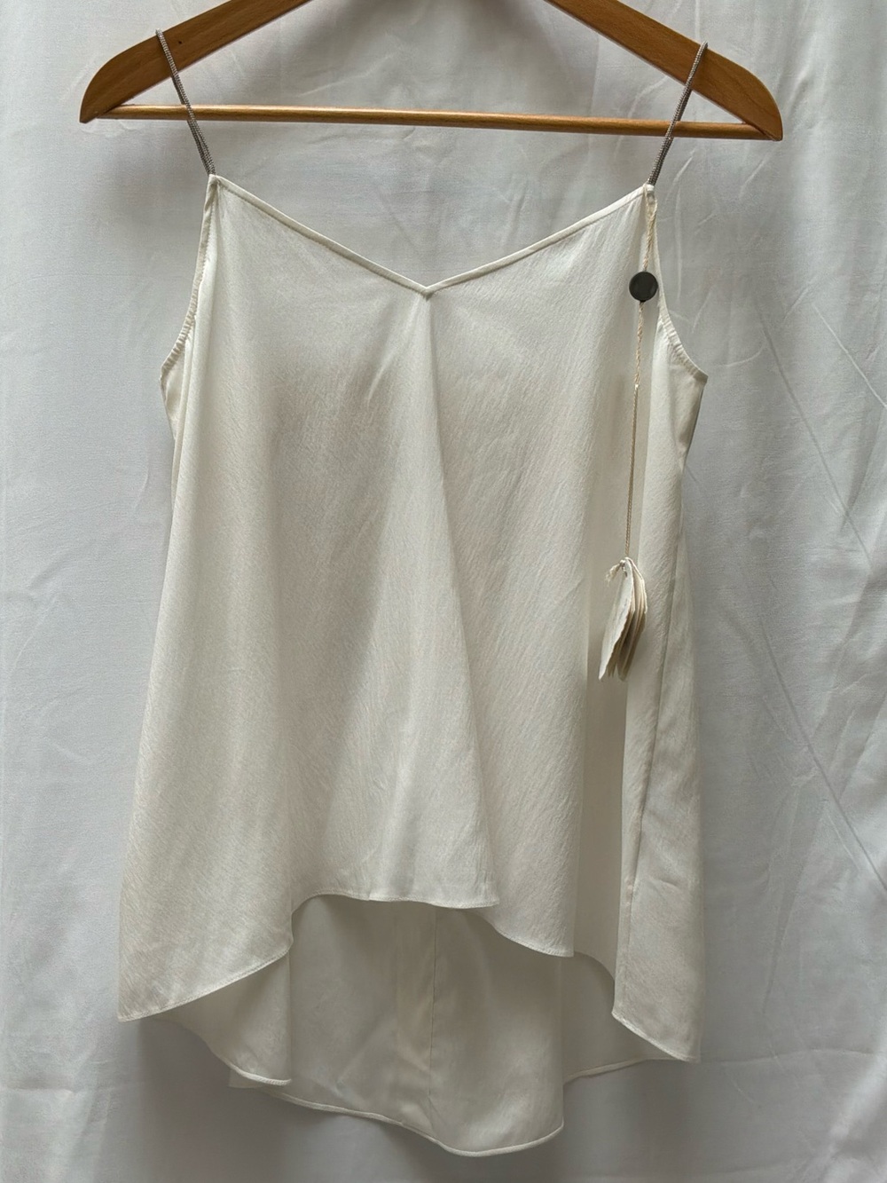 Brunello Cucinelli Cream V-Neck Silk High-Low Cami with Monilli Straps